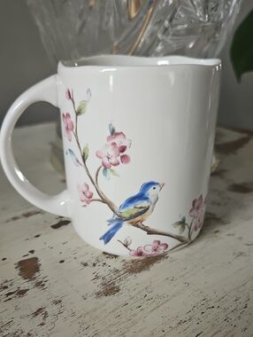 222 Fifth Fine China Floral Bird Ceramic Mug — Scalloped Edge